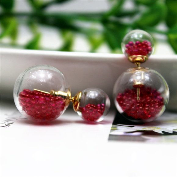 Unique Red Beaded Color Double Sided Front Back Pearl Beaded Earrings - Picture 1 of 4
